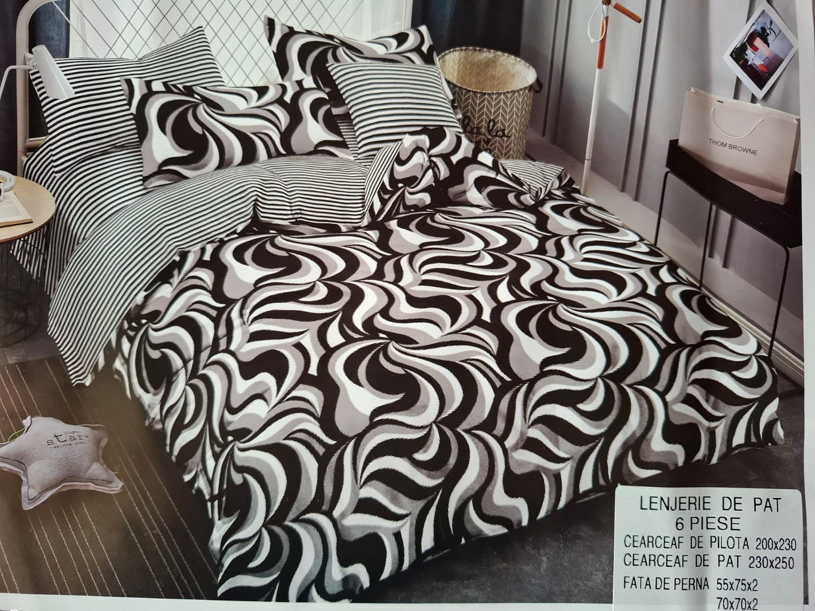 Set Lenjerie, 6 Piese, cu Elastic, din Bumbac tip Finet, 180x200cm, cu 4 Fete de Perna Incluse