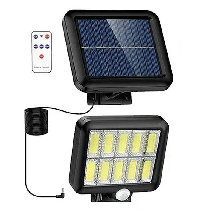 Lampa Solara LED Cu Telecomanda, Ajustabila, 120 COB LED, Senzor De Miscare Si Lumina, Baterie Inclusa 1200 mAh, 260 LM, Lungime Cablu 5 Metri, Rezistenta La Apa, Negru .
