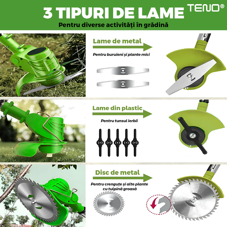 Motocoasa Electrica , 2 acumulatori 48 V, baston telescopic, 3 tipuri de lame pentru taiere, 18000 RPM, autonomie de 2-3 ore
